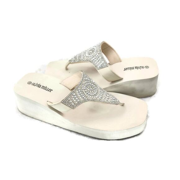 Olivia Miller Batumi Women's Cream Bling Rhinestone Wedge Thong Style Slip On - Picture 2 of 6